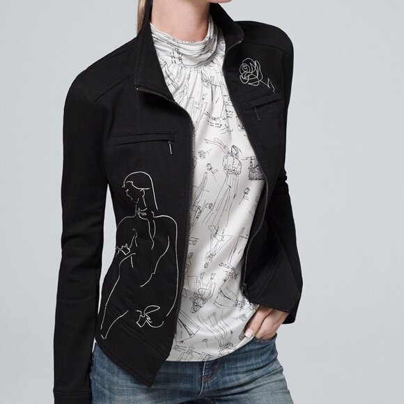 WHBM $150 35th Anniversary Embroidered Moto Jacket Denim Cotton 14 Black White - Picture 3 of 9